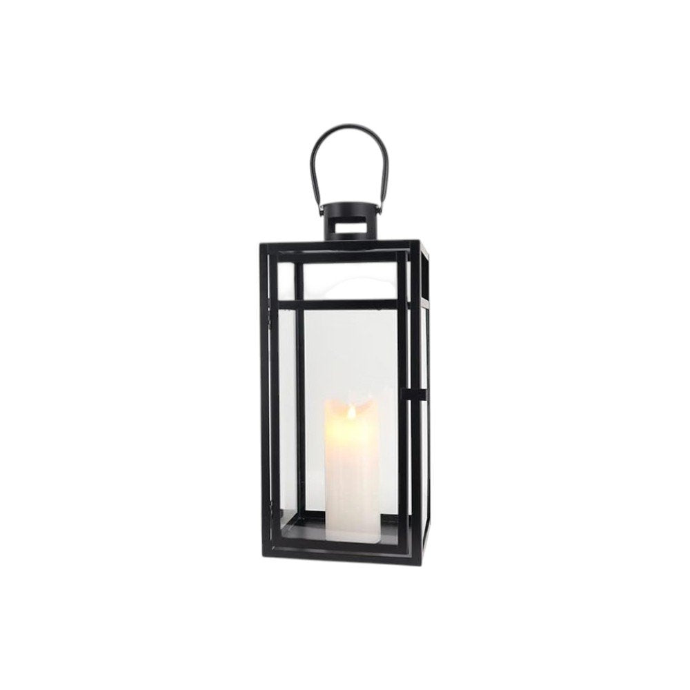 Set of Three Clear And Black Glass And Stainless Steel Tabletop Lantern Candle Holders HomeRoots