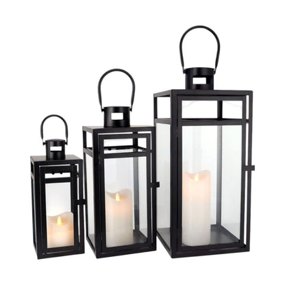 Set of Three Clear And Black Glass And Stainless Steel Tabletop Lantern Candle Holders HomeRoots