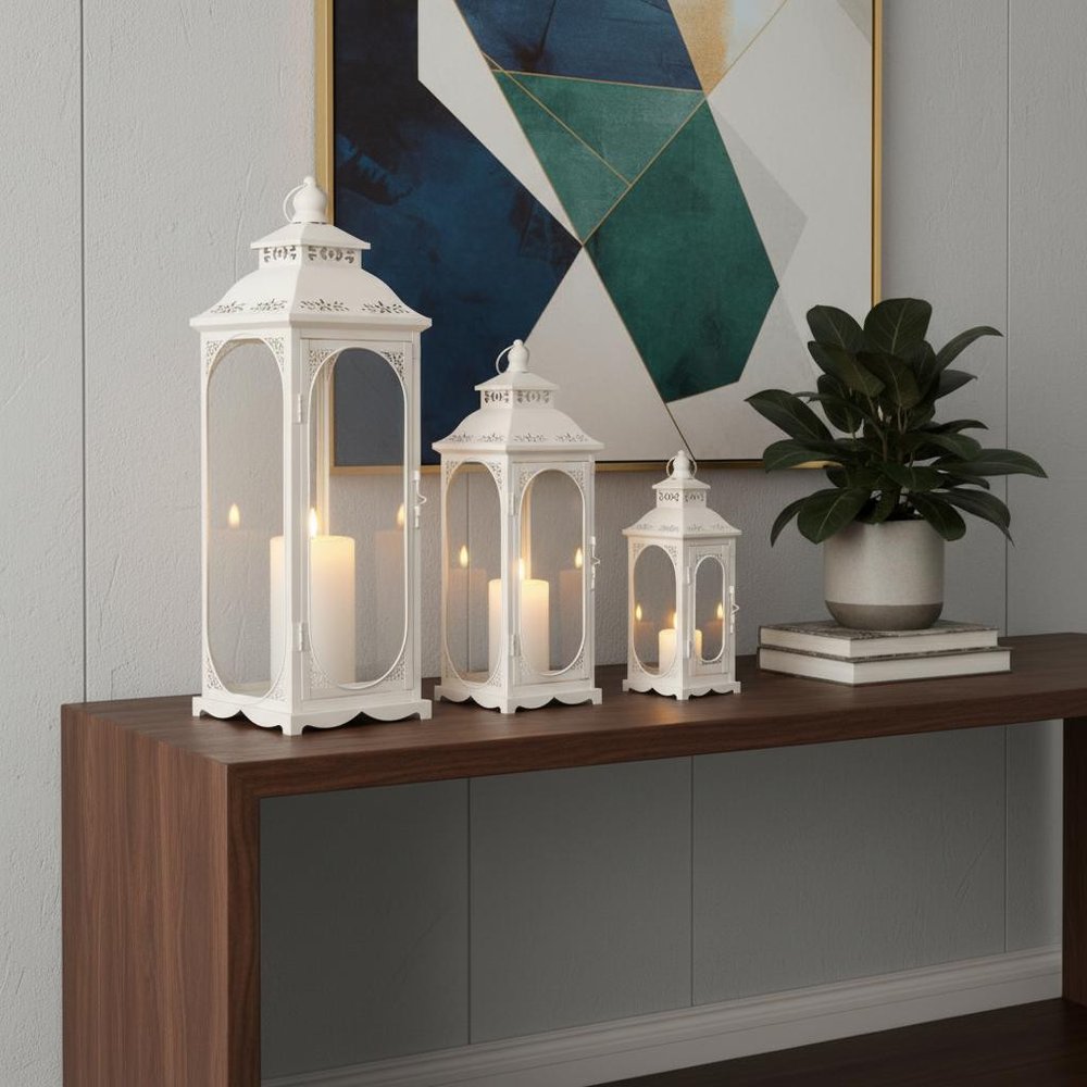 Set of Three Clear And White Glass And Metal Floor Lantern Candle Holders HomeRoots