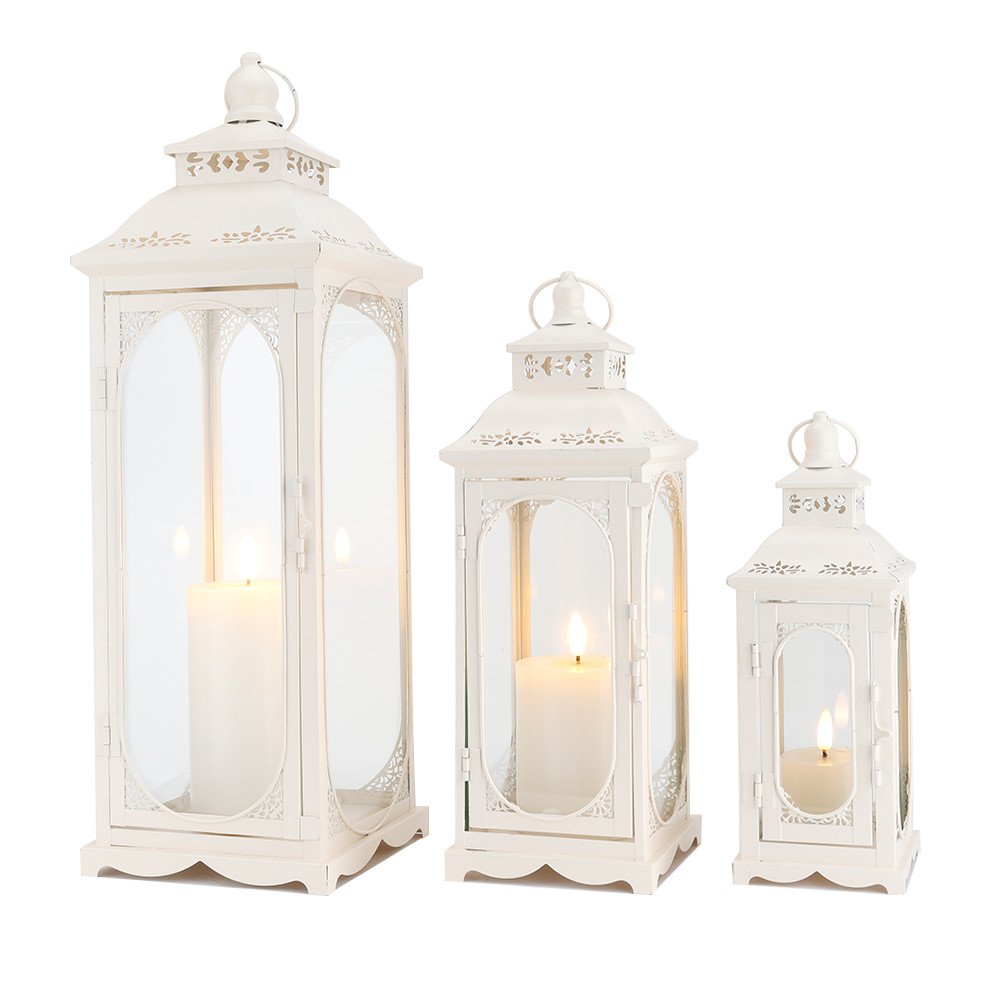 Set of Three Clear And White Glass And Metal Floor Lantern Candle Holders HomeRoots