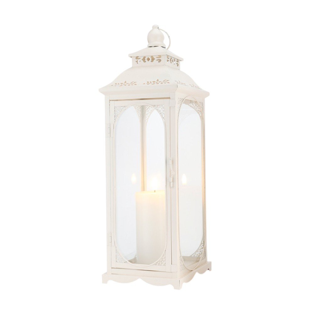 Set of Three Clear And White Glass And Metal Floor Lantern Candle Holders HomeRoots
