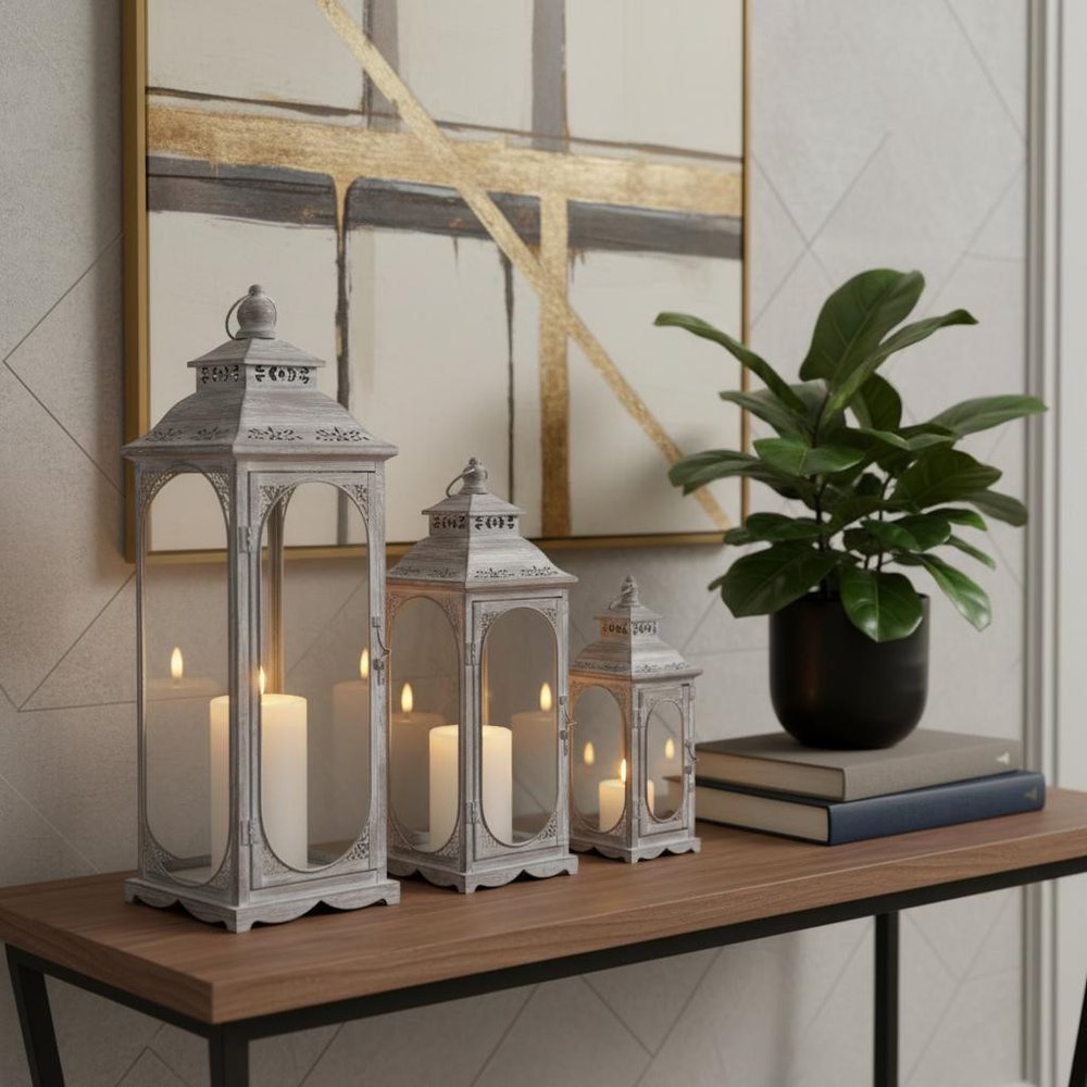 Set of Three Clear And Gray Glass And Metal Tabletop Lantern Candle Holders HomeRoots