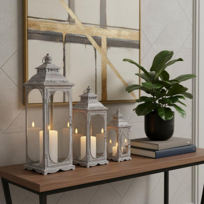 Set of Three Clear And Gray Glass And Metal Tabletop Lantern Candle Holders HomeRoots
