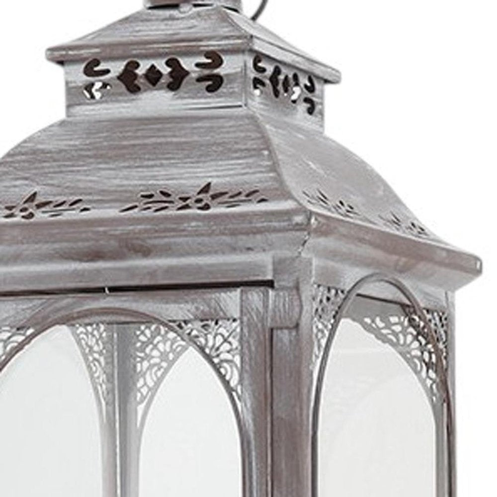 Set of Three Clear And Gray Glass And Metal Tabletop Lantern Candle Holders HomeRoots