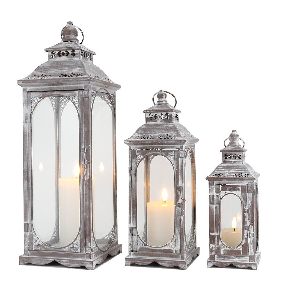 Set of Three Clear And Gray Glass And Metal Tabletop Lantern Candle Holders HomeRoots