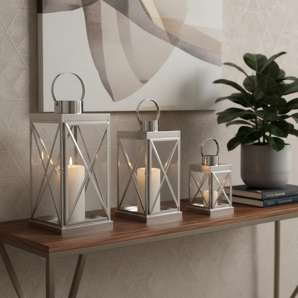 Set of Three Clear And Silver Glass And Stainless Steel Tabletop Lantern Candle Holders HomeRoots