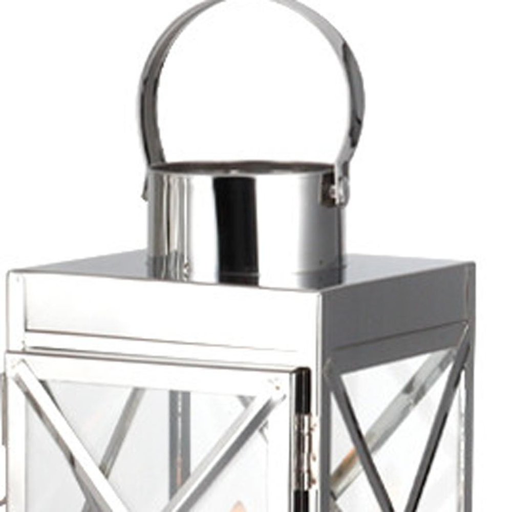 Set of Three Clear And Silver Glass And Stainless Steel Tabletop Lantern Candle Holders HomeRoots