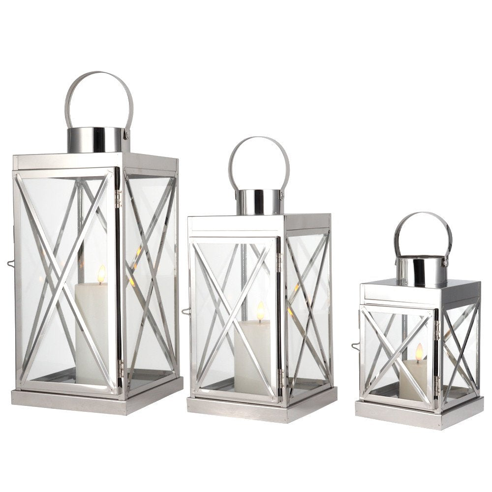 Set of Three Clear And Silver Glass And Stainless Steel Tabletop Lantern Candle Holders HomeRoots