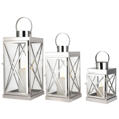 Set of Three Clear And Silver Glass And Stainless Steel Tabletop Lantern Candle Holders HomeRoots