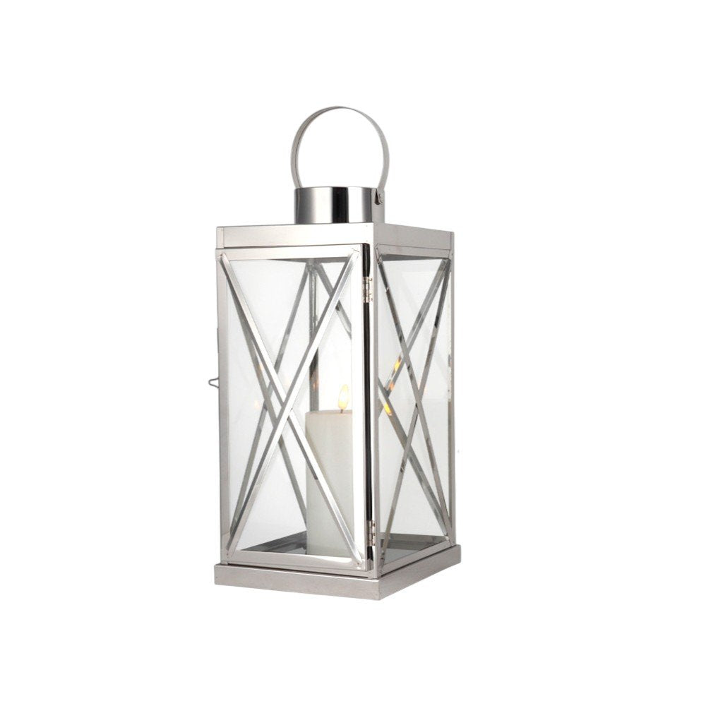 Set of Three Clear And Silver Glass And Stainless Steel Tabletop Lantern Candle Holders HomeRoots