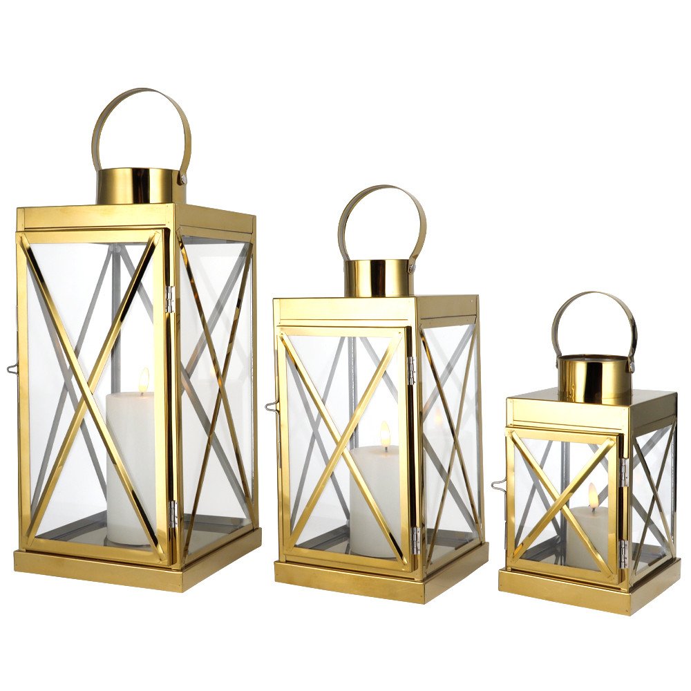 Set of Three Clear And Gold Glass And Stainless Steel Floor Lantern Candle Holders HomeRoots
