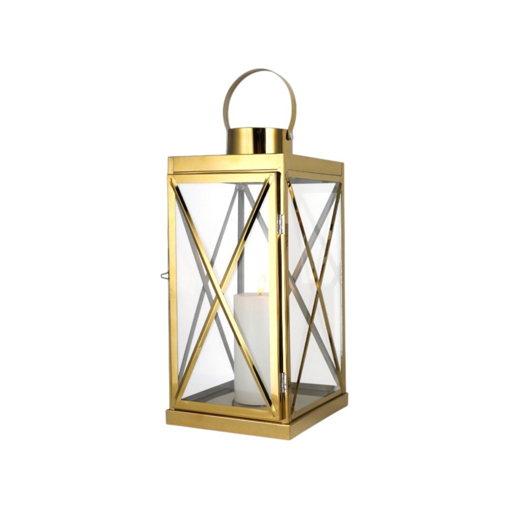 Set of Three Clear And Gold Glass And Stainless Steel Floor Lantern Candle Holders HomeRoots