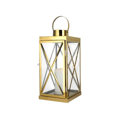 Set of Three Clear And Gold Glass And Stainless Steel Floor Lantern Candle Holders HomeRoots