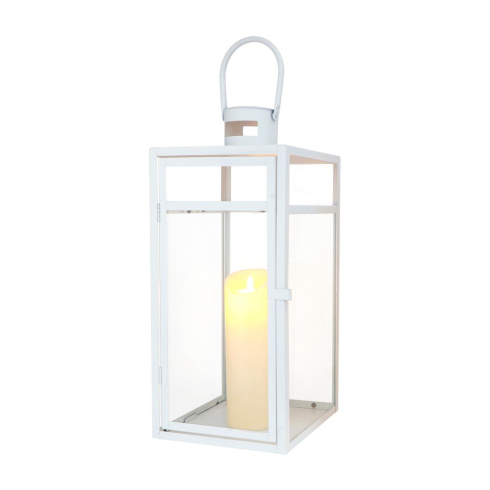 Set of Three Clear And White Glass And Stainless Steel Tabletop Lantern Candle Holders HomeRoots