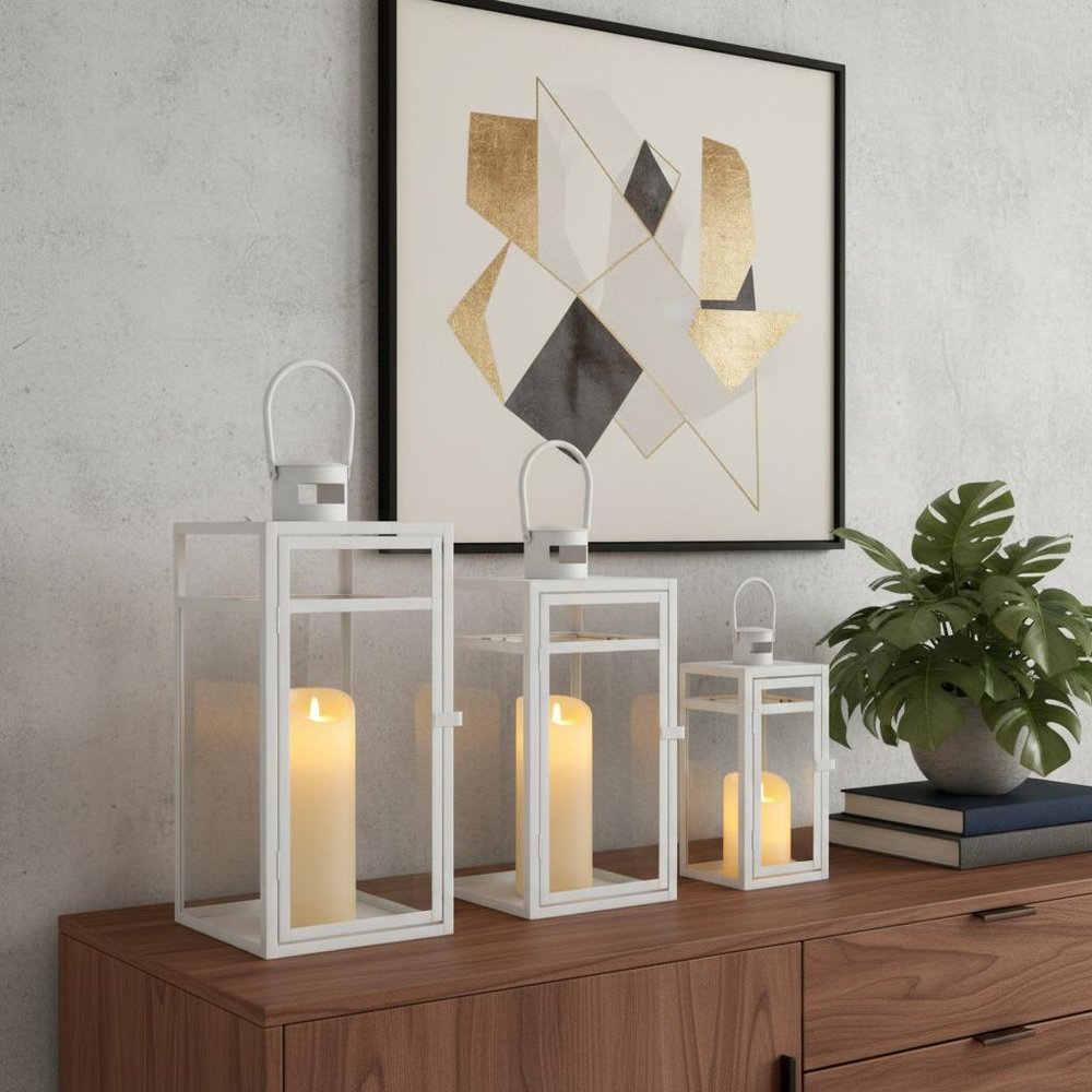 Set of Three Clear And White Glass And Stainless Steel Tabletop Lantern Candle Holders HomeRoots