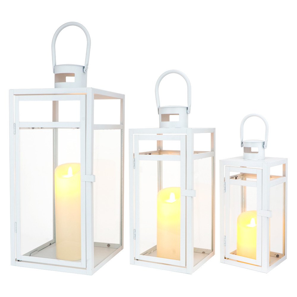 Set of Three Clear And White Glass And Stainless Steel Tabletop Lantern Candle Holders HomeRoots