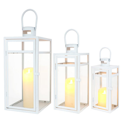 Set of Three Clear And White Glass And Stainless Steel Tabletop Lantern Candle Holders HomeRoots