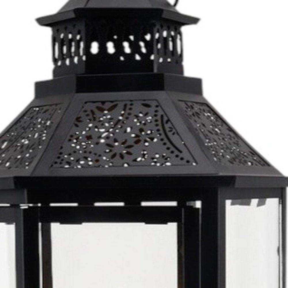 Set of Three Clear And Black Glass And Metal Floor Lantern Candle Holders HomeRoots