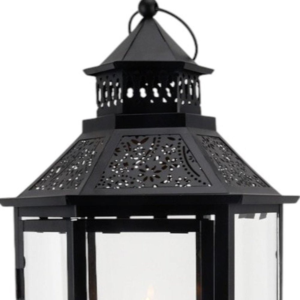 Set of Three Clear And Black Glass And Metal Floor Lantern Candle Holders HomeRoots