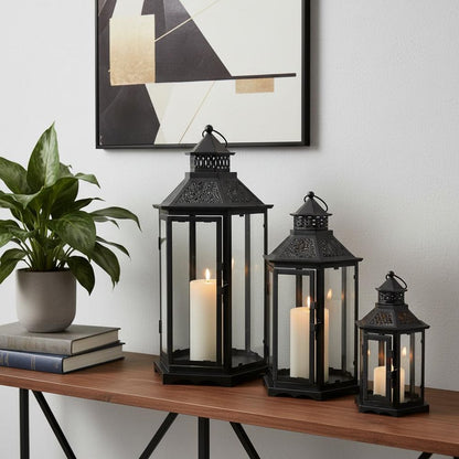 Set of Three Clear And Black Glass And Metal Floor Lantern Candle Holders HomeRoots