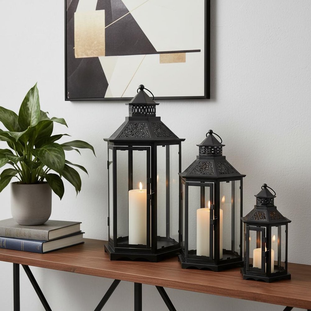 Set of Three Clear And Black Glass And Metal Floor Lantern Candle Holders HomeRoots