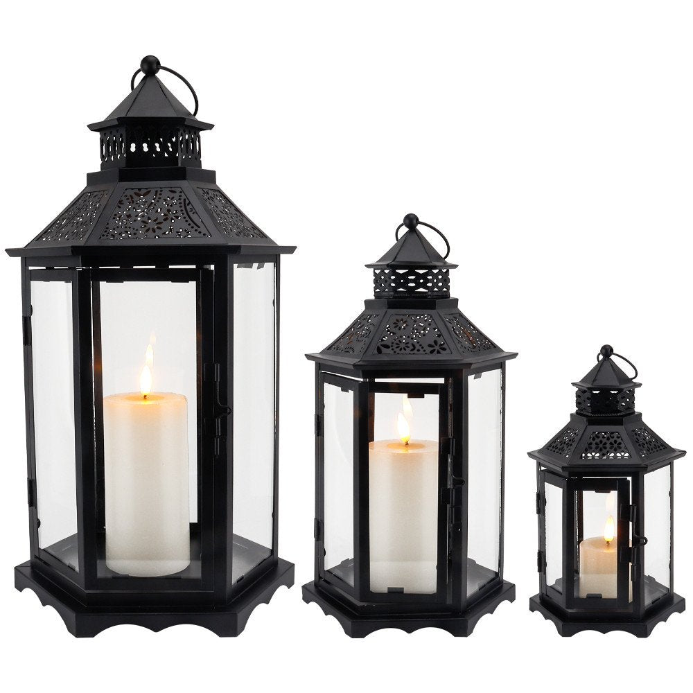 Set of Three Clear And Black Glass And Metal Floor Lantern Candle Holders HomeRoots