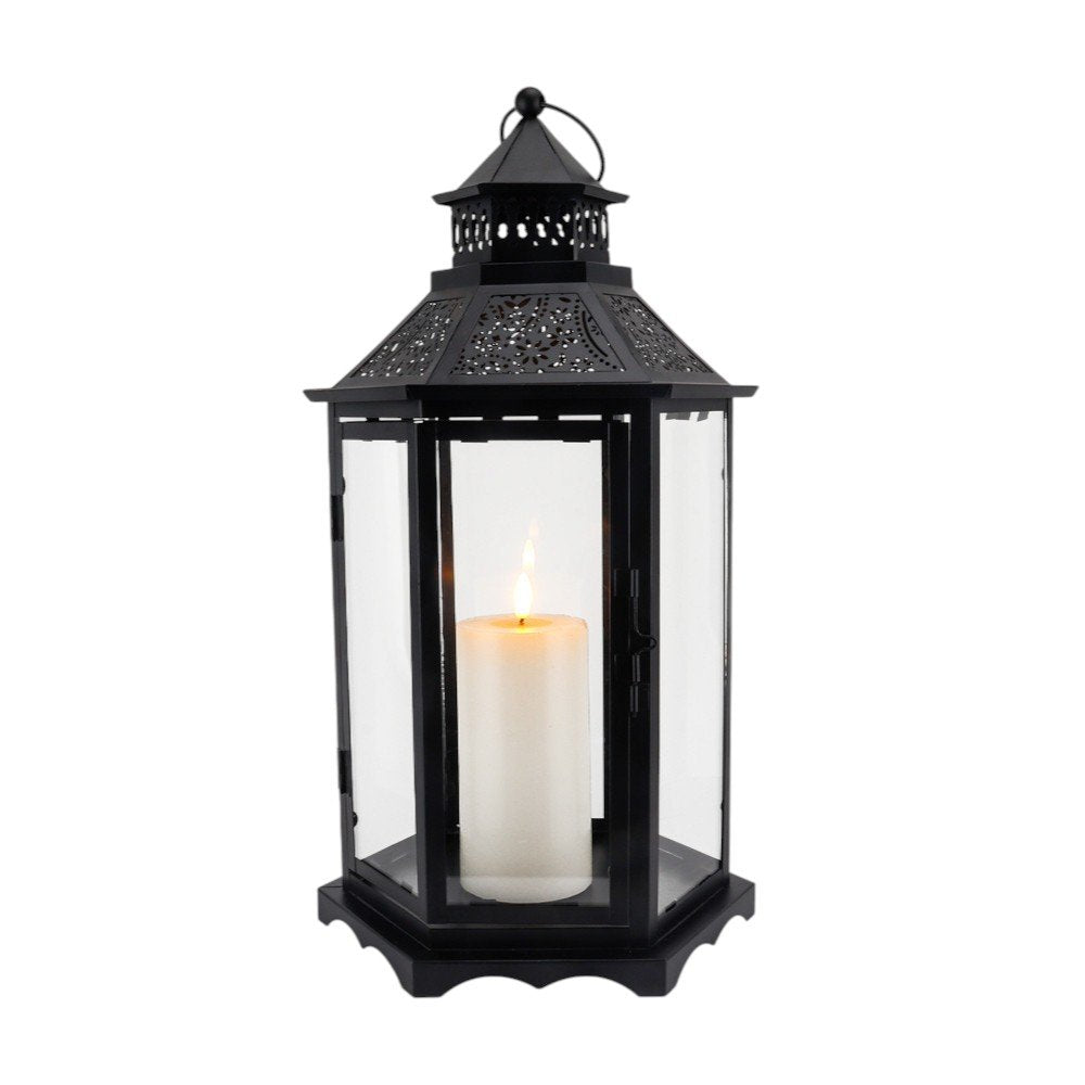 Set of Three Clear And Black Glass And Metal Floor Lantern Candle Holders HomeRoots