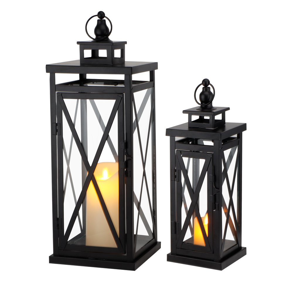 Set of Two Clear And Black Glass And Metal Tabletop Lantern Candle Holders HomeRoots