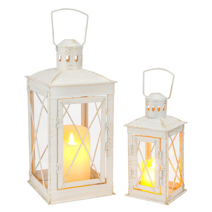 Set of Two Clear And White Glass And Metal Tabletop Lantern Candle Holders HomeRoots