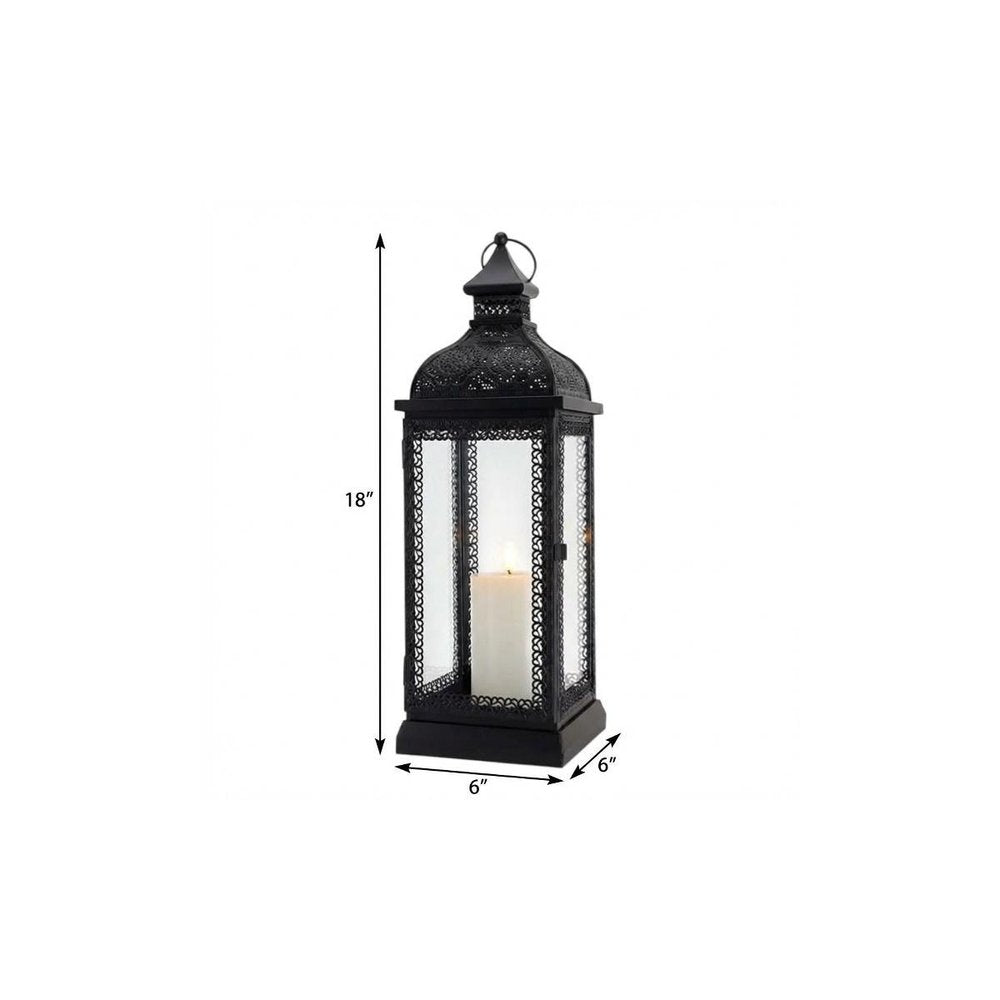 18" Clear And Black Glass And Metal Filigree Tabletop Lantern Candle Holder HomeRoots