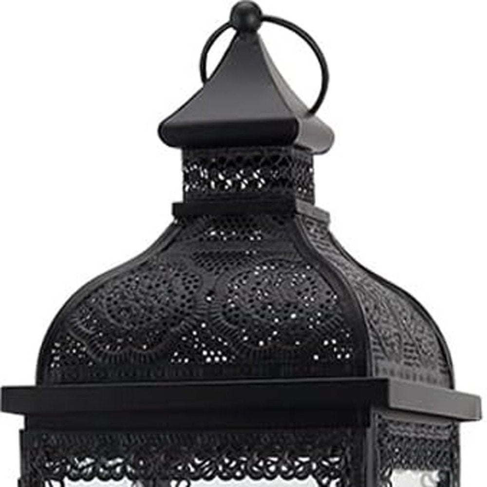 18" Clear And Black Glass And Metal Filigree Tabletop Lantern Candle Holder HomeRoots