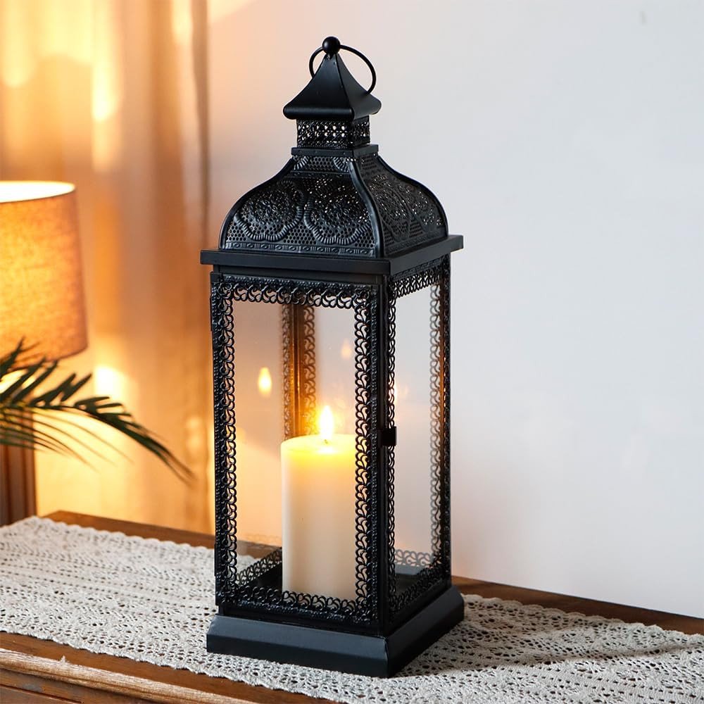 18" Clear And Black Glass And Metal Filigree Tabletop Lantern Candle Holder HomeRoots