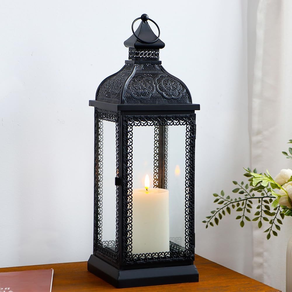 18" Clear And Black Glass And Metal Filigree Tabletop Lantern Candle Holder HomeRoots