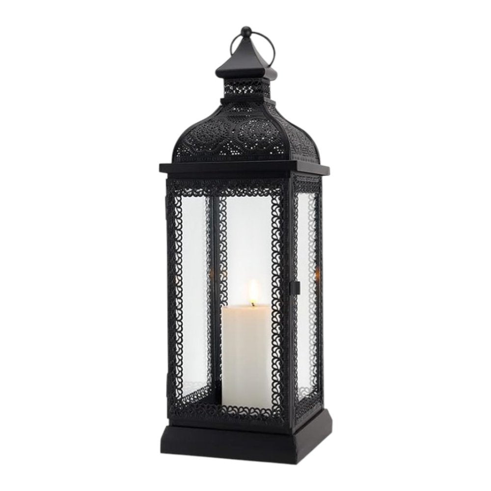 18" Clear And Black Glass And Metal Filigree Tabletop Lantern Candle Holder HomeRoots