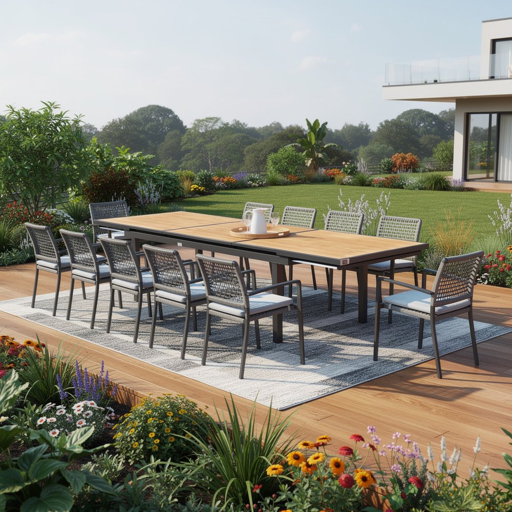 13 Piece Natural and Black Solid Wood Dining Set with Twelve Chairs — view 1