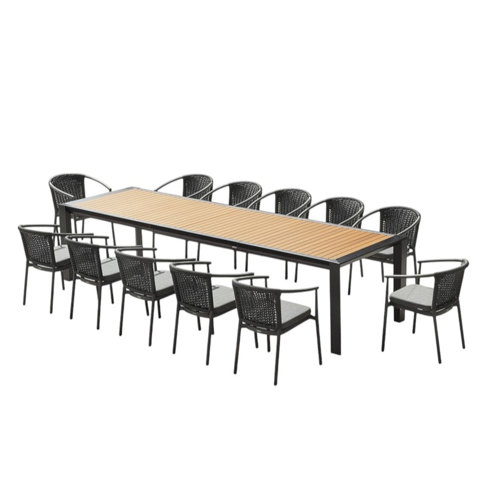 13 Piece Natural and Black Solid Wood Dining Set with Twelve Chairs HomeRoots