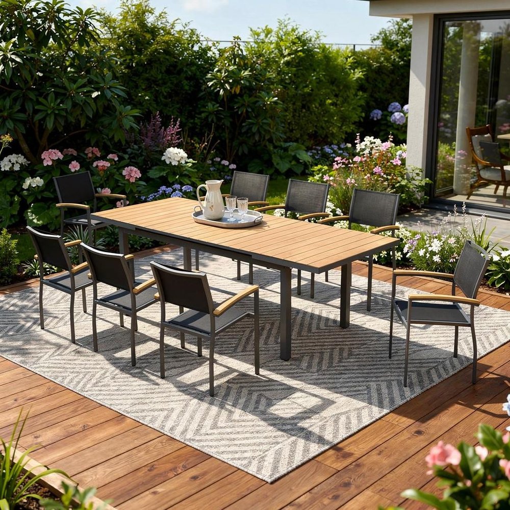Nine Piece Natural and Black Heavy Duty Plastic Dining Set with Eight Chairs — view 1