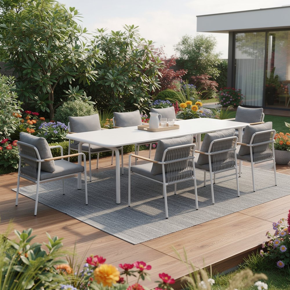 Nine Piece White Metal Dining Set with Eight Chairs — view 1