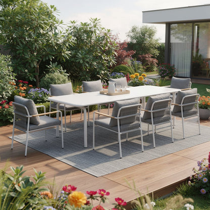 Nine Piece White Metal Dining Set with Eight Chairs HomeRoots
