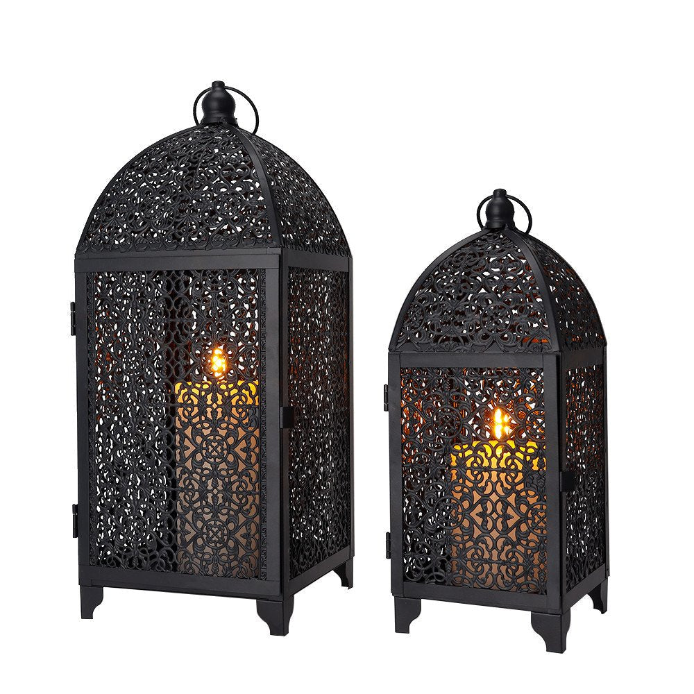 Set of Two Black Metal Filigree Tabletop Lantern Candle Holders HomeRoots