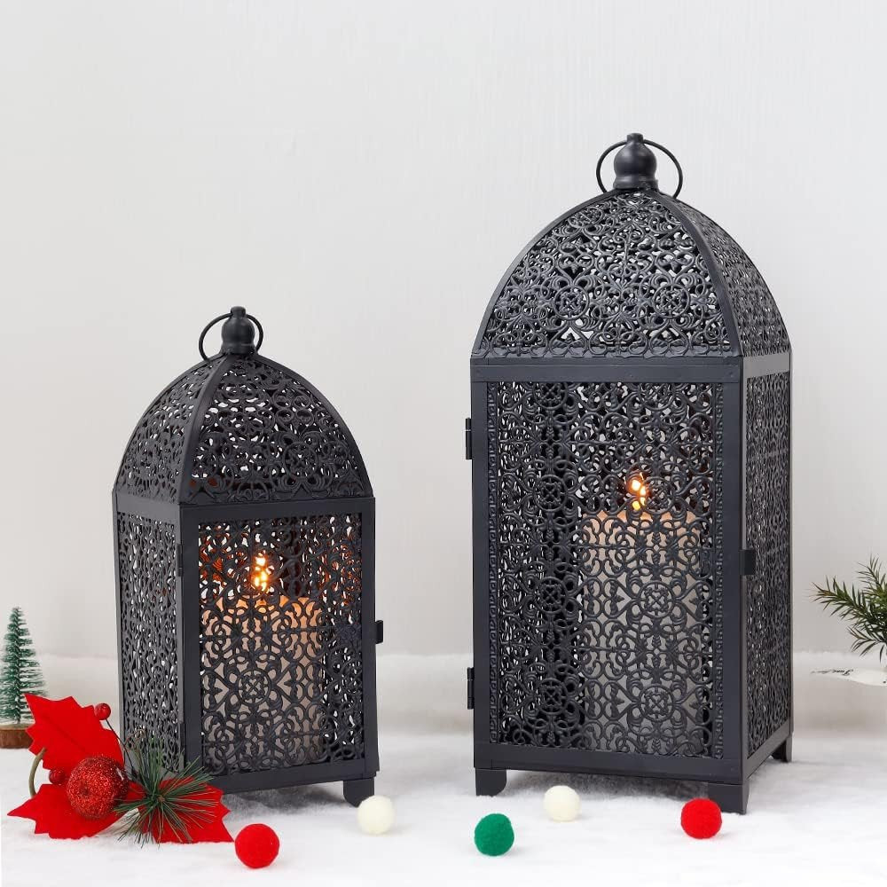 Set of Two Black Metal Filigree Tabletop Lantern Candle Holders HomeRoots