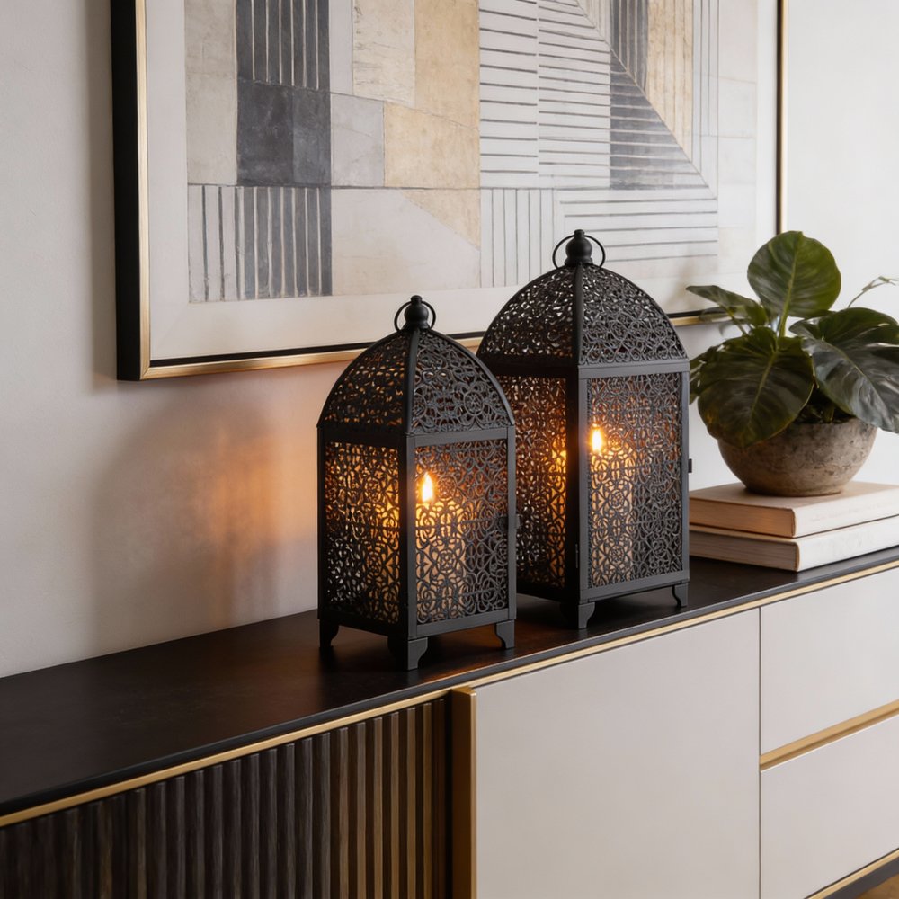 Set of Two Black Metal Filigree Tabletop Lantern Candle Holders HomeRoots