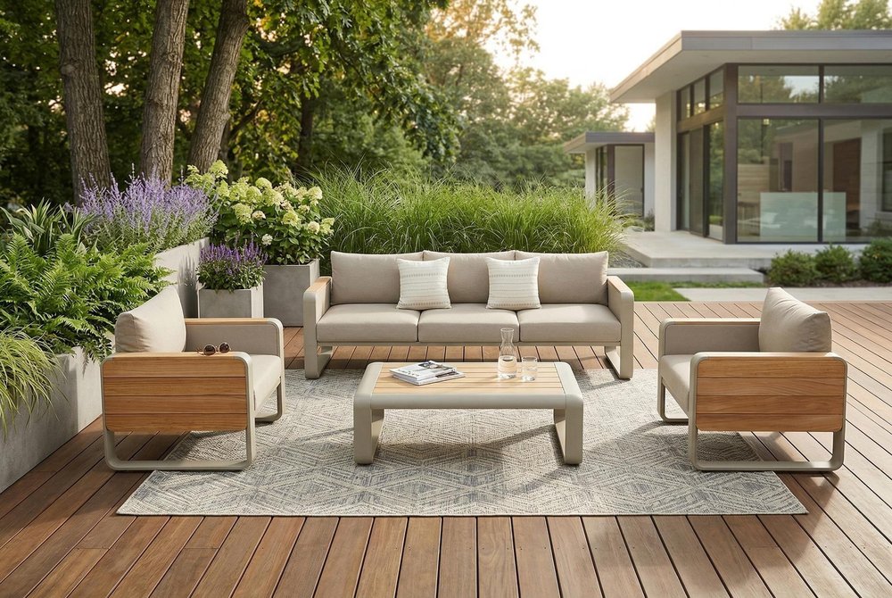 Four Piece Almond Metal Outdoor Patio Set With Table — view 5