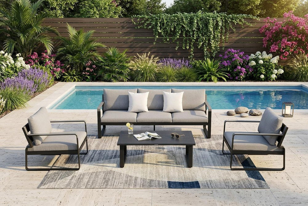 Four Piece Black Metal Outdoor Patio Set With Table — view 2