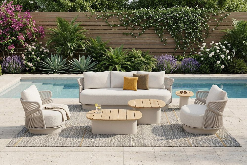 Six Piece Beige Metal Outdoor Patio Set With Table — view 5