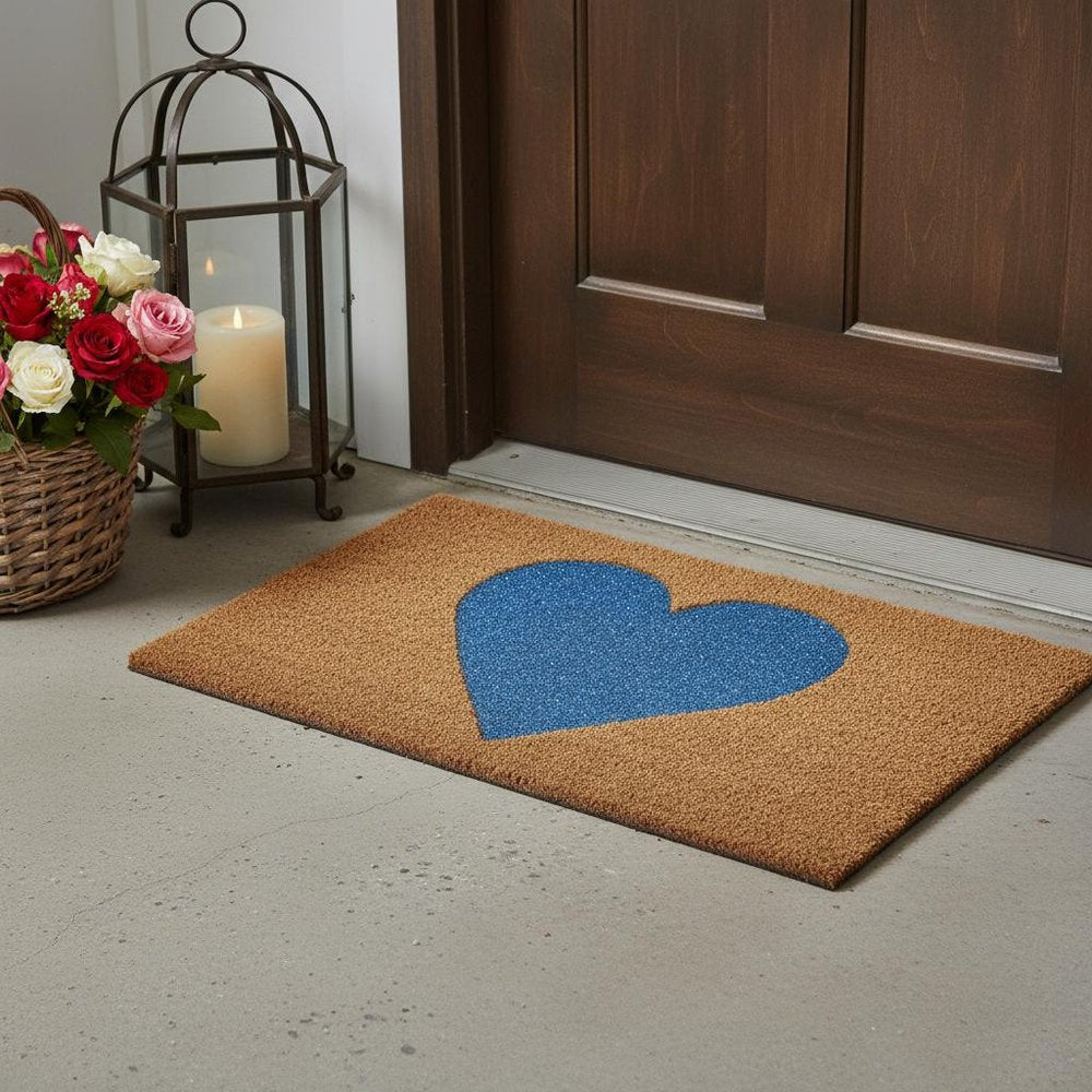 17" X 29" Brown And Blue Heart Outdoor Coir Door Mat HomeRoots