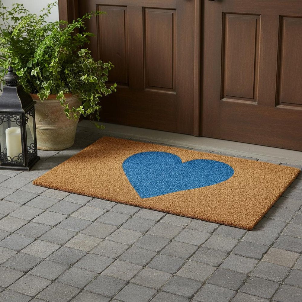 17" X 29" Brown And Blue Heart Outdoor Coir Door Mat HomeRoots
