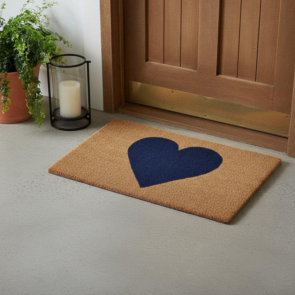17" X 29" Brown And Dark Blue Heart Outdoor Coir Door Mat HomeRoots