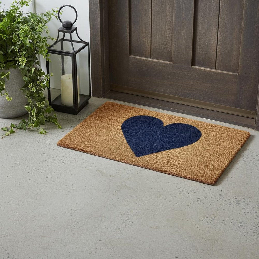 17" X 29" Brown And Dark Blue Heart Outdoor Coir Door Mat HomeRoots