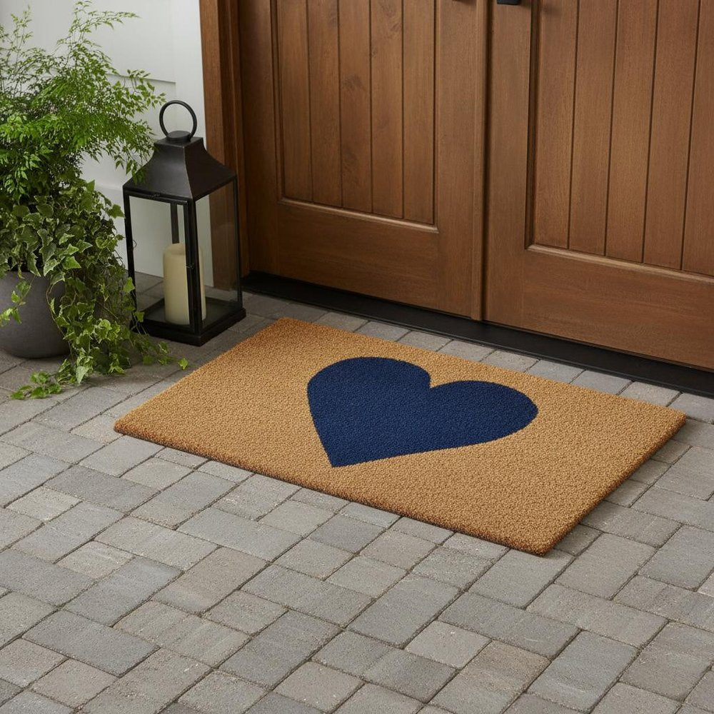 17" X 29" Brown And Dark Blue Heart Outdoor Coir Door Mat HomeRoots